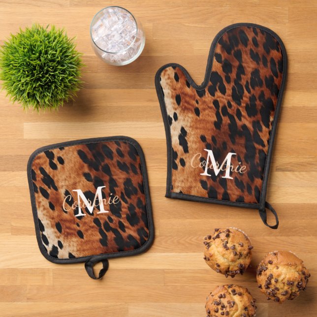 Brown Cowhide Monogram Oven Mitt & Pot Holder Set (Top Down)