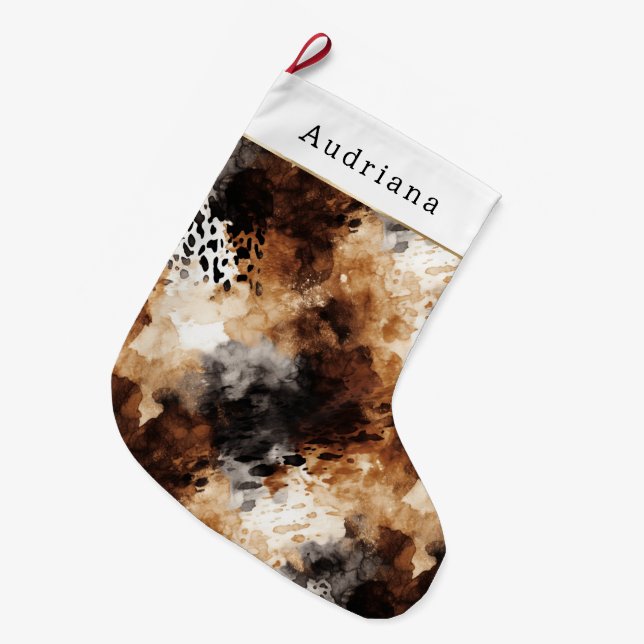 Brown Cream Black Leopard Animal Christmas Large Christmas Stocking (Front (Hanging))