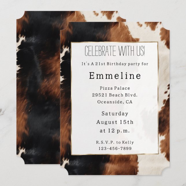 Brown Cream Black Southwest Cowboy Cowgirl Cowhide Invitation (Front/Back)