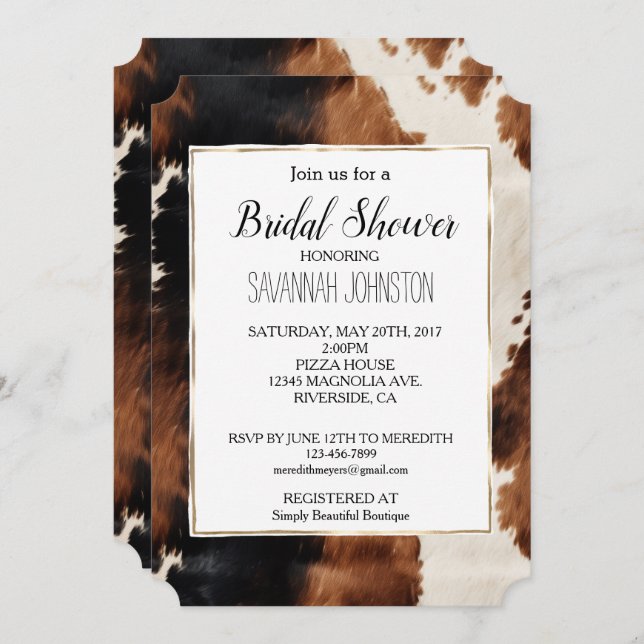 Brown Cream Black Southwest Cowgirl Cowhide Invitation (Front/Back)