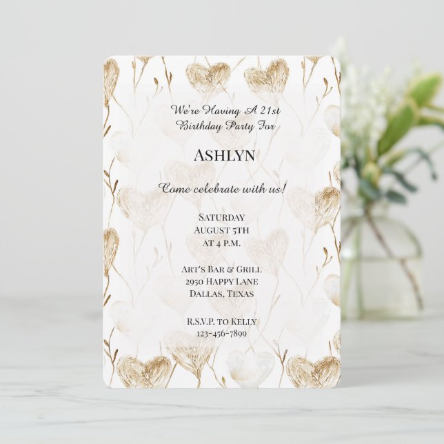 Brown Cream Boho Hearts Birthday Invitation (Standing Front)