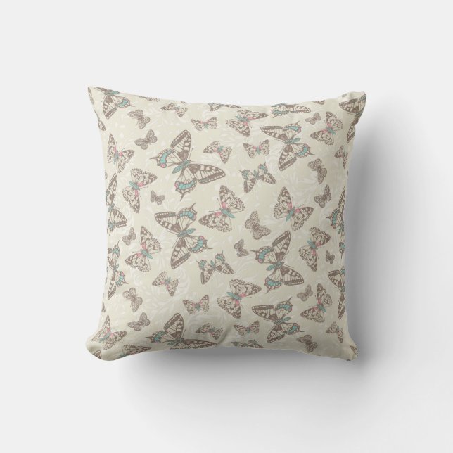 Brown cream butterflies damask pattern pillow (Front)