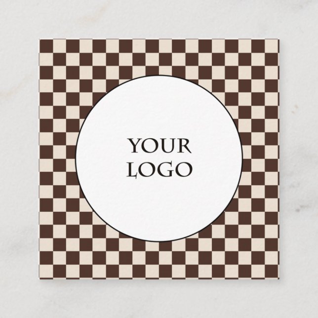 Brown Cream Colours Checks Pattern & Big Logo Square Business Card (Front)