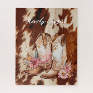 Brown Cream Cowhide Cowgirl Floral Boots Jigsaw Puzzle