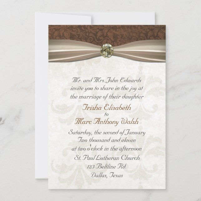 Brown & Cream Damask Wedding Invitation (Front)