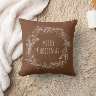 Brown Cream Earthy Merry Christmas Line Art Cushion