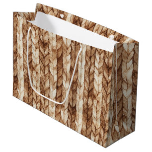 Brown Cream Faux Woven Stripes Large Gift Bag