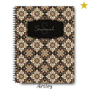 Brown Cream Floral Spanish Tile Name Monogram Notebook