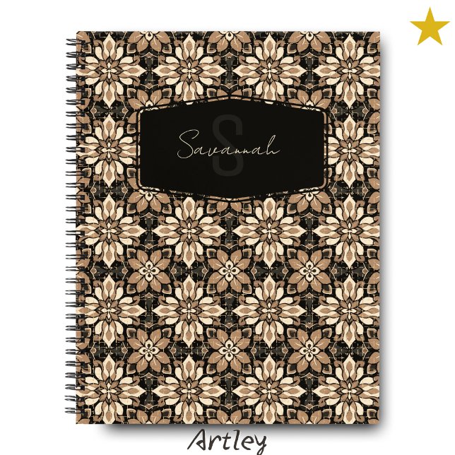 Brown Cream Floral Spanish Tile Name Monogram Notebook (Creator Uploaded)