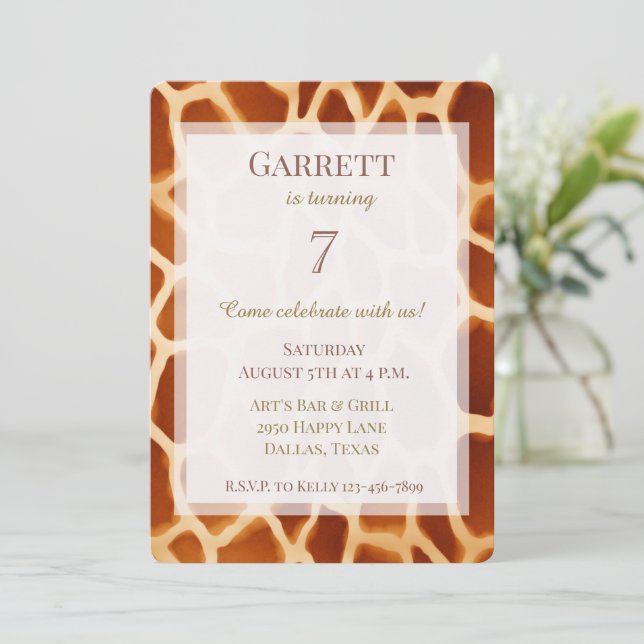 Brown Cream Giraffe Animal Print Birthday Invitation (Standing Front)
