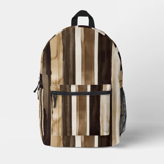 Brown Cream Gold Stripes Printed Backpack (Front)