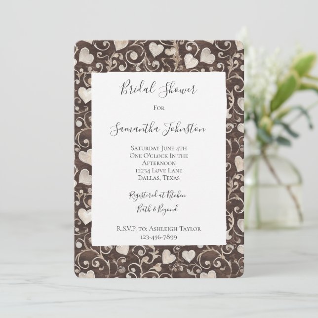 Brown Cream Hearts Bridal Shower Invitation (Standing Front)