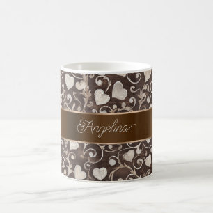 Brown Cream Hearts Ribbon   Coffee Mug