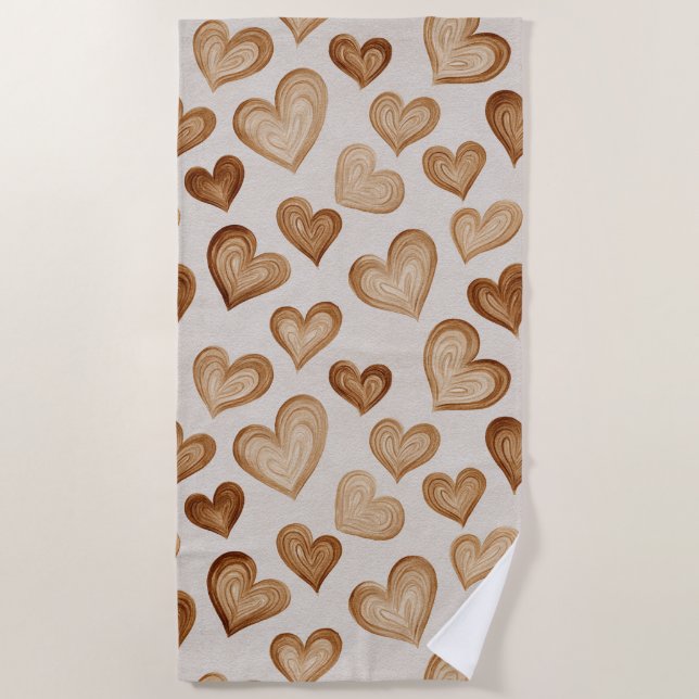 Brown Cream Hearts Stripes Beach Towel (Front)