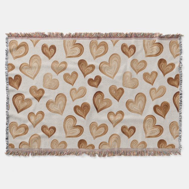 Brown Cream Hearts Stripes Throw Blanket (Front)