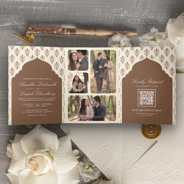 Brown Cream Ikat All in One Indian Wedding Tri-Fold Invitation (Creator Uploaded)