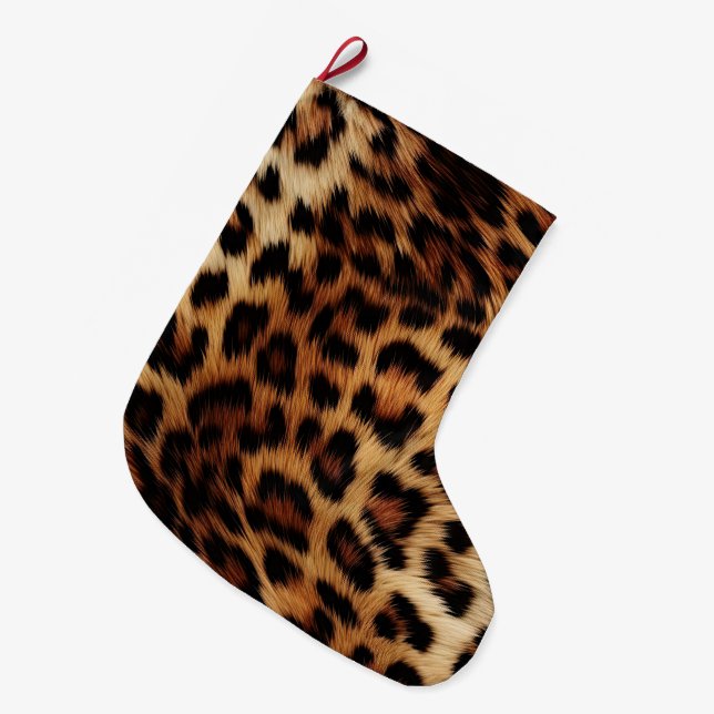 Brown Cream Leopard Animal  Large Christmas Stocking (Front (Hanging))