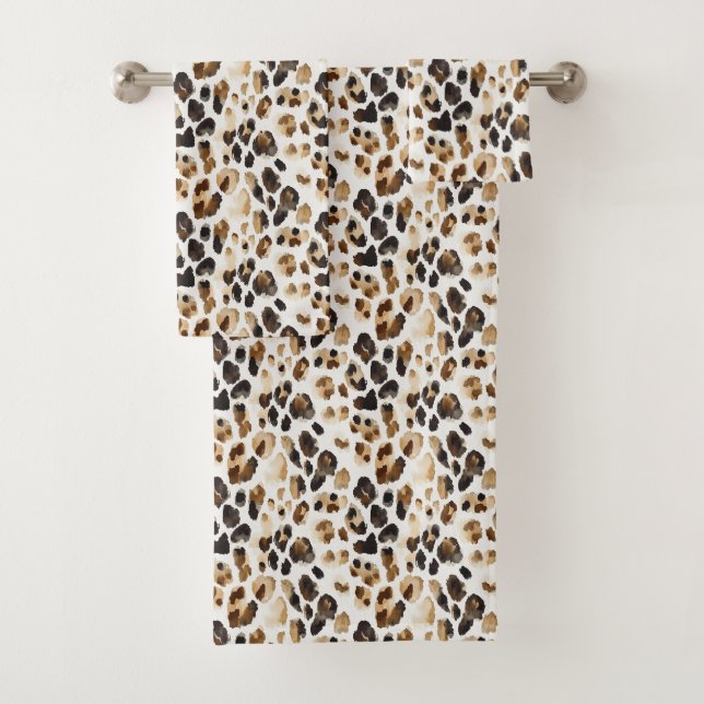 Brown Cream Leopard Animal Print Bath Towel Set (Insitu)