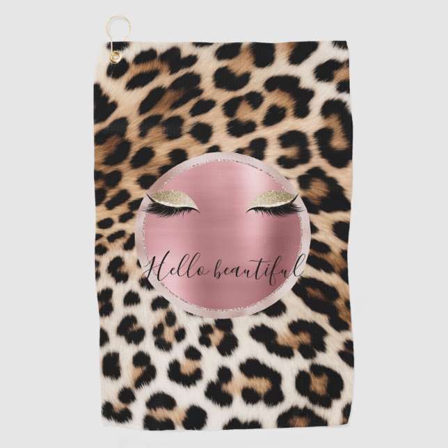 Brown Cream Leopard Gold Glitter Eyes Golf Towel (Front)