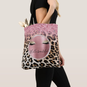 Brown Cream Leopard Gold Glitter Eyes Tote Bag
