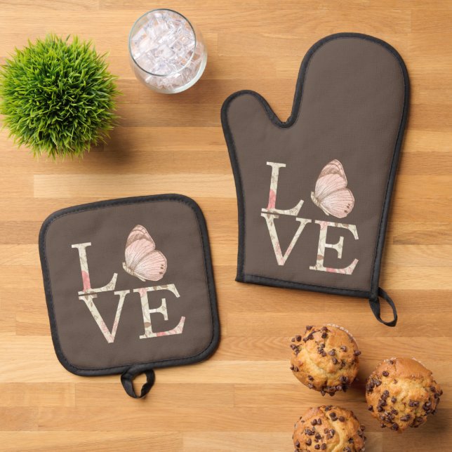 Brown Cream Pink Love Butterfly Floral Oven Mitt & Pot Holder Set (Top Down)
