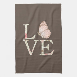 Brown Cream Pink Love Butterfly Floral Tea Towel