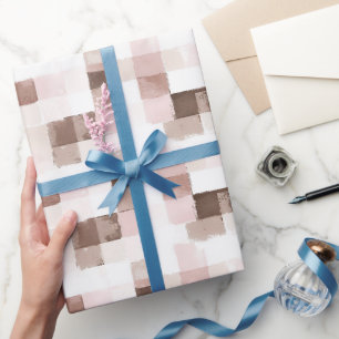 Brown Cream Pink Squares Birthday Wrapping Paper