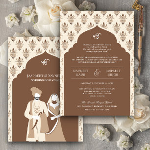 Brown Cream Punjabi Anand Karaj Sikh Wedding Invitation