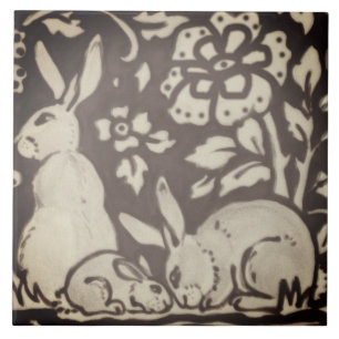 Brown Cream Rabbit Floral Foliage Woodland Decor Ceramic Tile