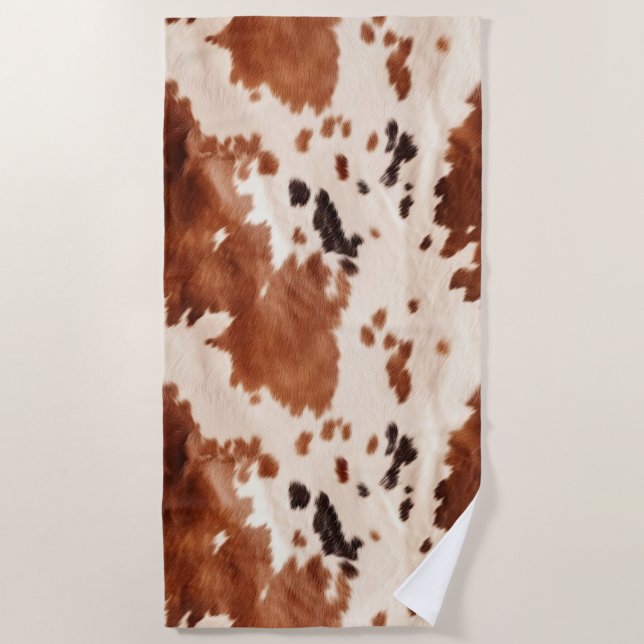 Brown Cream Southwest Cowhide Christmas Beach Towel (Front)
