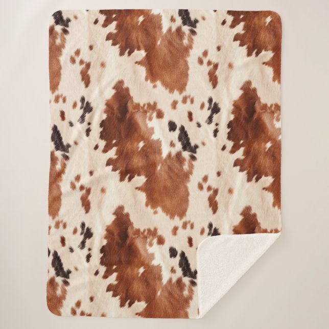 Brown Cream Southwest Cowhide Christmas Sherpa Blanket (Front)