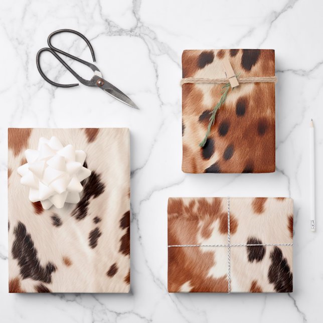 Brown Cream Southwest Cowhide Christmas Wrapping Paper Sheet (Front)