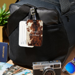 Brown Cream Southwest Cowhide Luggage Tag