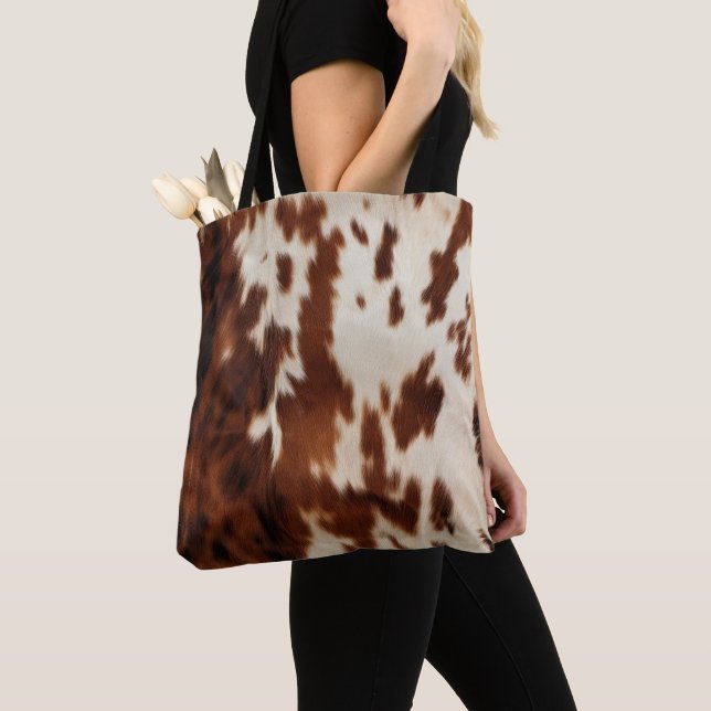 Brown Cream Southwest Cowhide Tote Bag (Close Up)
