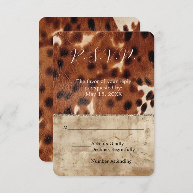Brown Cream Southwest Cowhide Wedding RSVP (Front/Back)