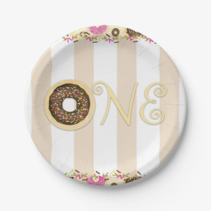 Brown Cream Sprinkle Doughnuts ONE 1ST Birthday Pa Paper Plate