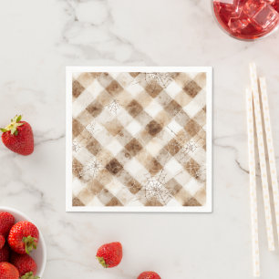 Brown Cream Squares Spider Webs Halloween Napkin