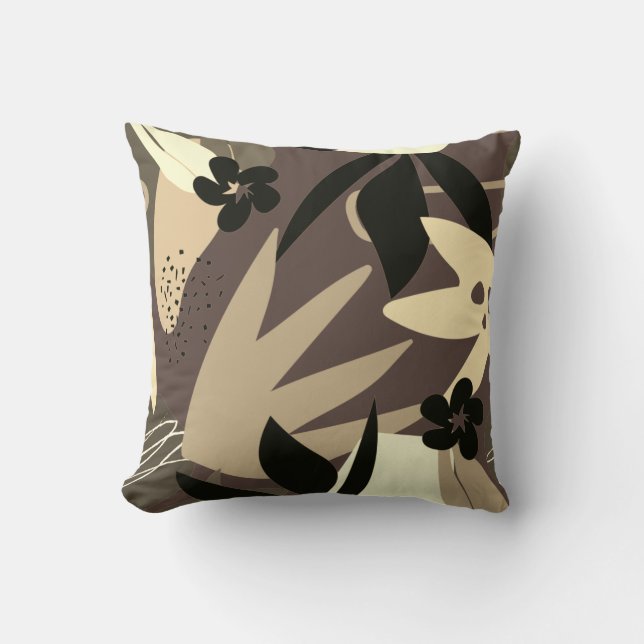 Brown Cream Tan & Black Artistic Abstract Leaves Cushion (Front)