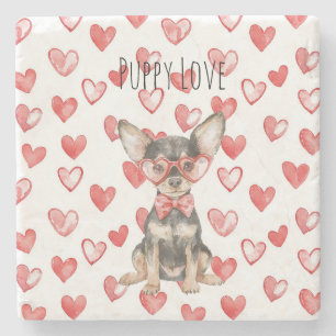Brown Cream Toy Terrier Dog Red Hearts Glasses Stone Coaster
