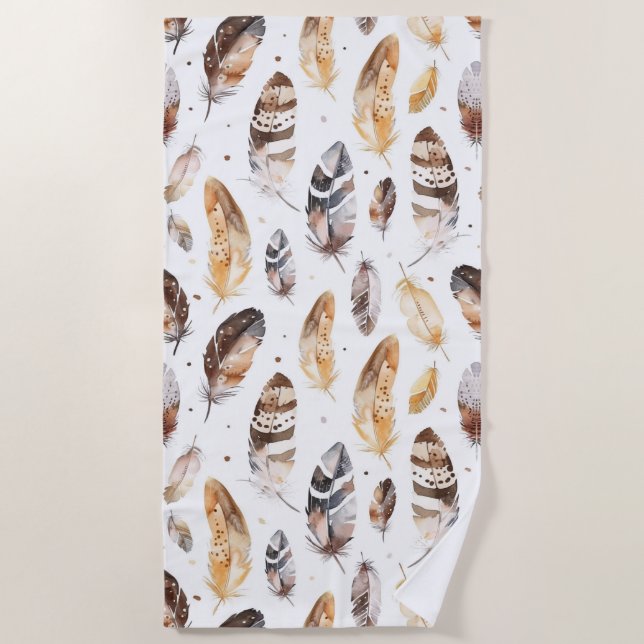 Brown Cream Tribal Native Feathers Beach Towel (Front)