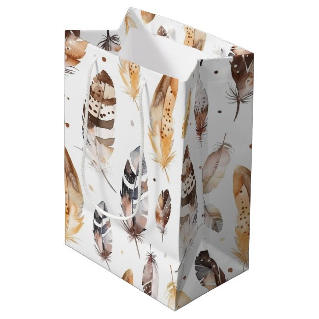Brown Cream Tribal Native Feathers Birthday Medium Gift Bag (Front Angled)