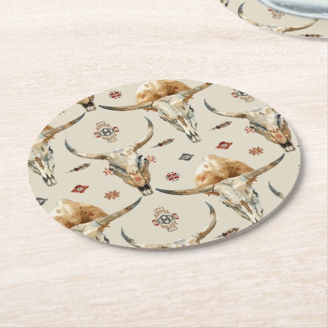 Brown Cream Tribal Native Feathers Birthday Round Paper Coaster (Angled)