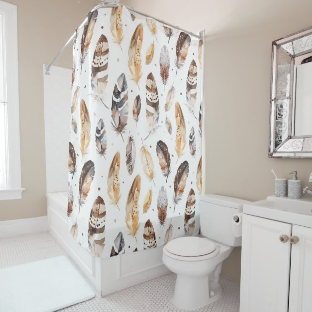 Brown Cream Tribal Native Feathers Shower Curtain (In Situ)