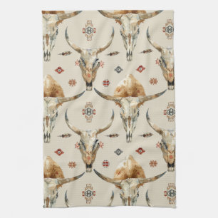 Brown Cream Tribal Native Feathers Skulls Tea Towel