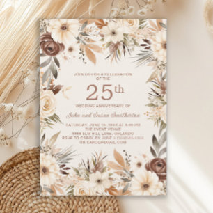 Brown Cream Watercolor Floral 25th Anniversary Invitation