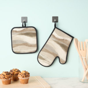 Brown Cream Wavy Abstract Stripes Oven Mitt & Pot Holder Set