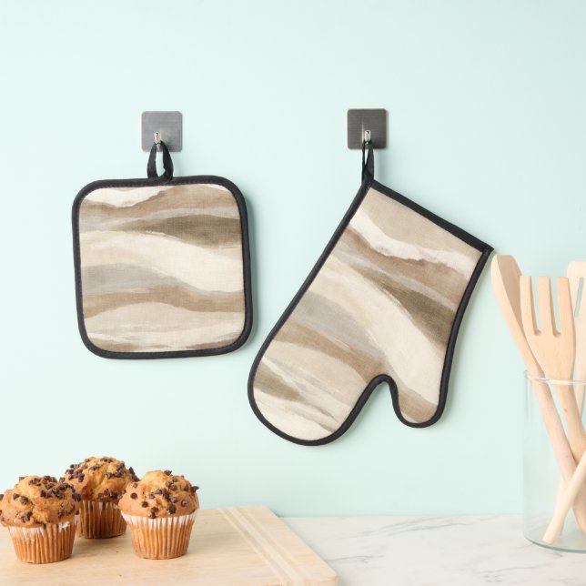 Brown Cream Wavy Abstract Stripes Oven Mitt & Pot Holder Set (Insitu(Hanging))