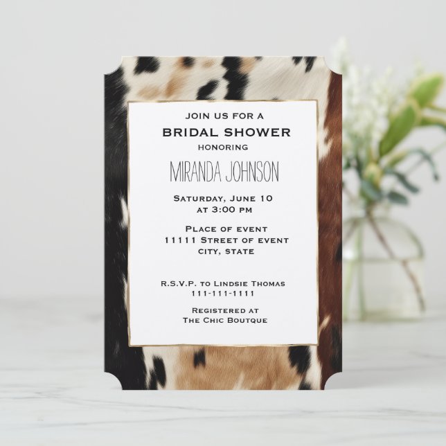 Brown Cream Western Cowhide Bridal Shower Invitation (Standing Front)