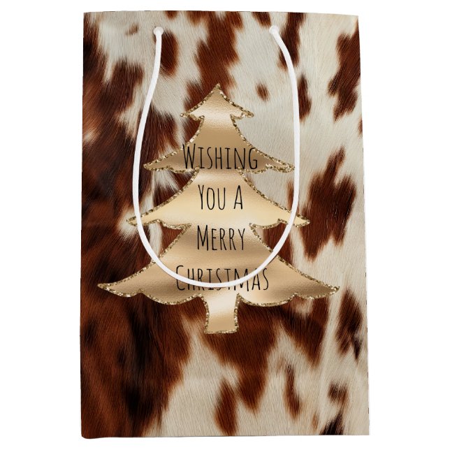 Brown Cream Western Cowhide Christmas Medium Gift Bag (Front)