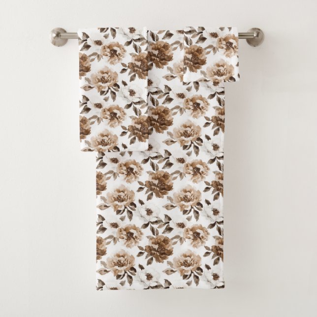 Brown Cream White Flowers Christmas Bath Towel Set (Insitu)